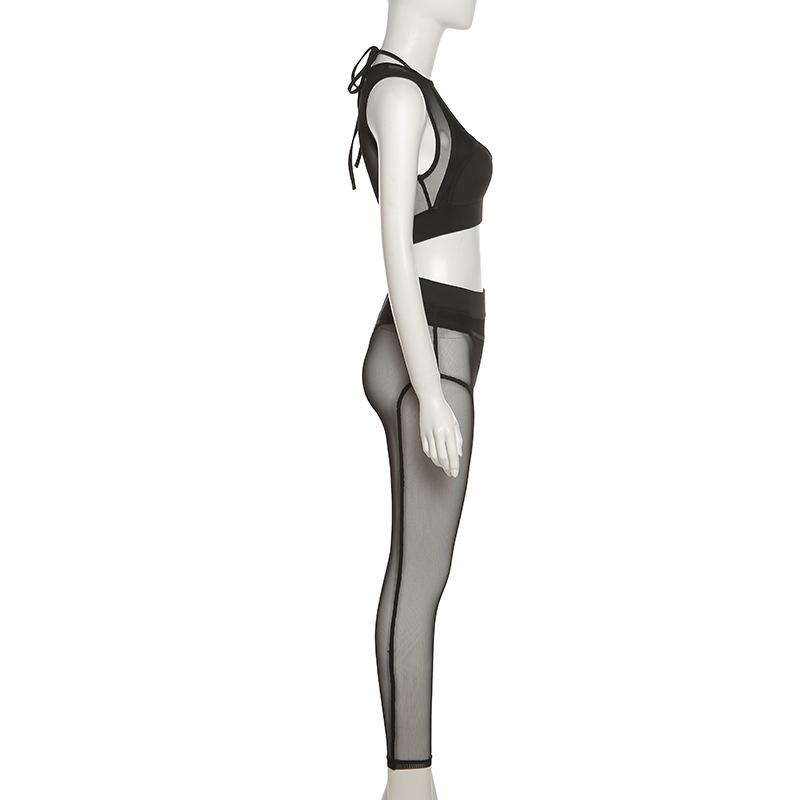 Crewneck hollow out mesh medium rise pant set