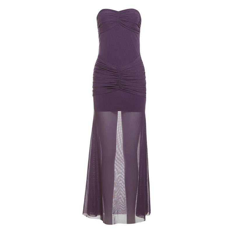 Robe longue unie en maille froncée à col en cœur 