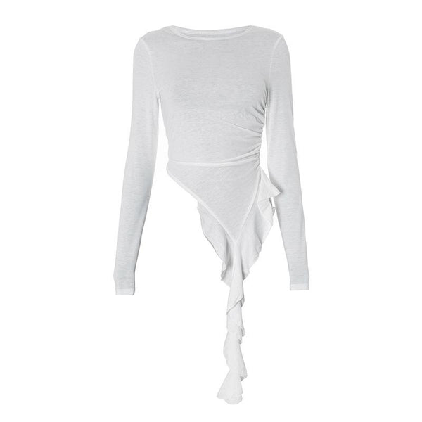 Top de cuello redondo con volantes irregulares y manga larga fruncida 