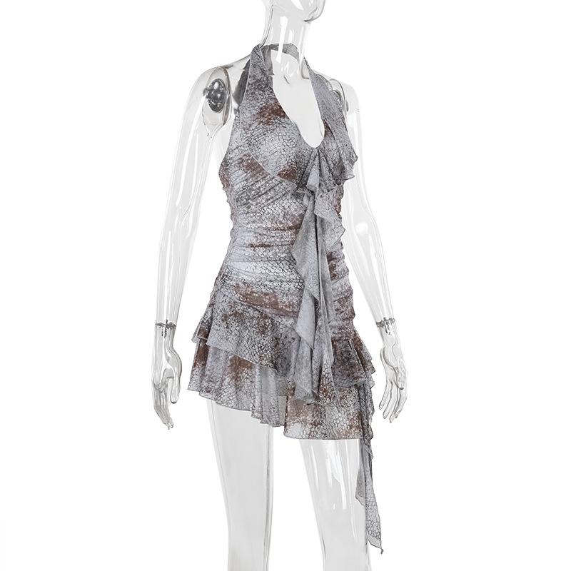 Self tie halter snakeskin print ruffle ruched mini dress