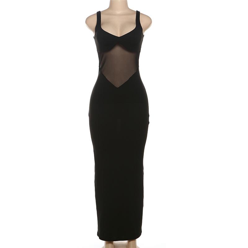 V neck mesh patchwork low cut solid maxi dress