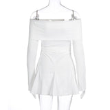 Off shoulder long sleeve ruched ruffle mini dress