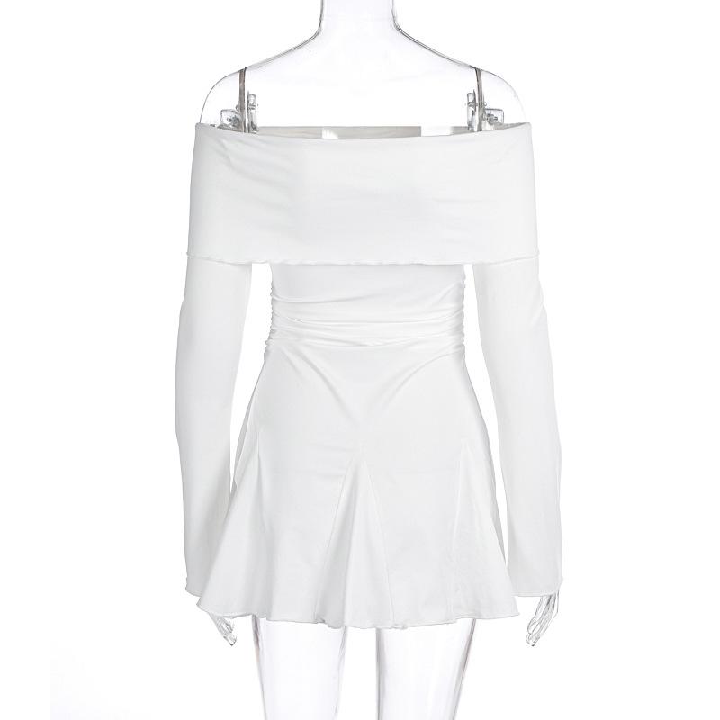 Off shoulder long sleeve ruched ruffle mini dress