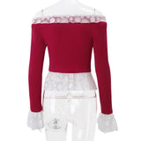 Off shoulder lace hem long flared sleeve ribbed top