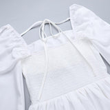 Vestido mini de manga larga con cuello cuadrado y fruncido con lazo 
