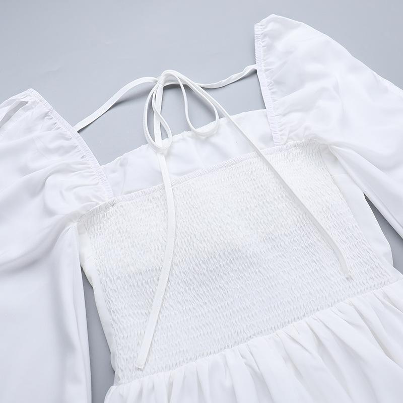 Vestido mini de manga larga con cuello cuadrado y fruncido con lazo 