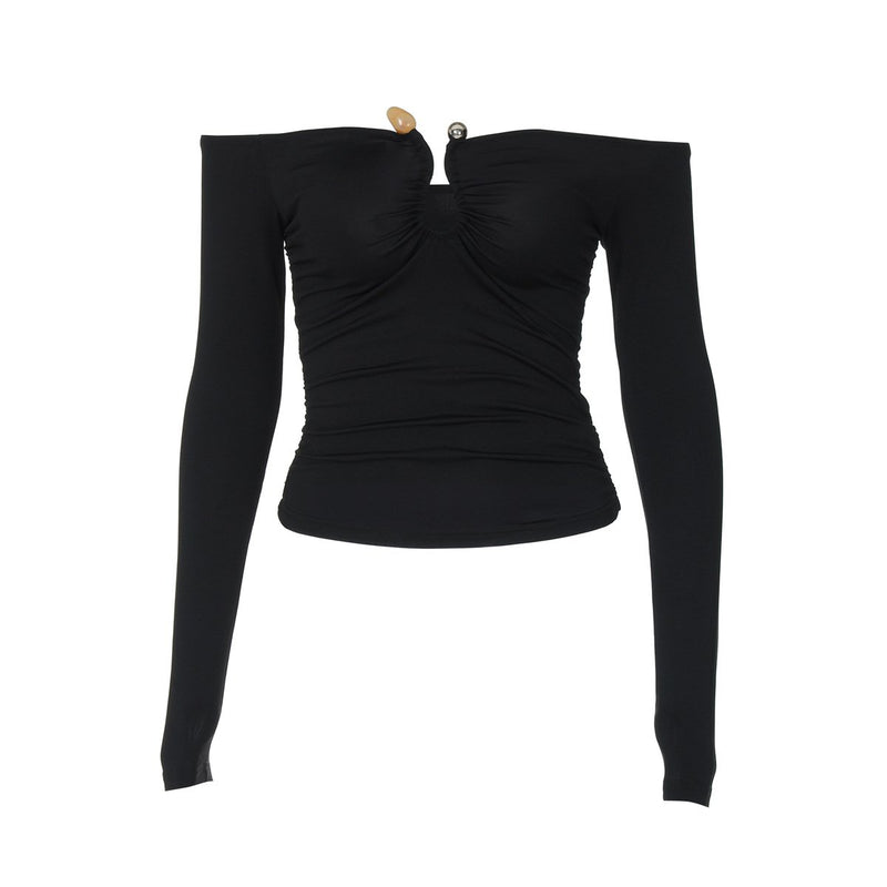 Off shoulder long sleeve ruched solid top