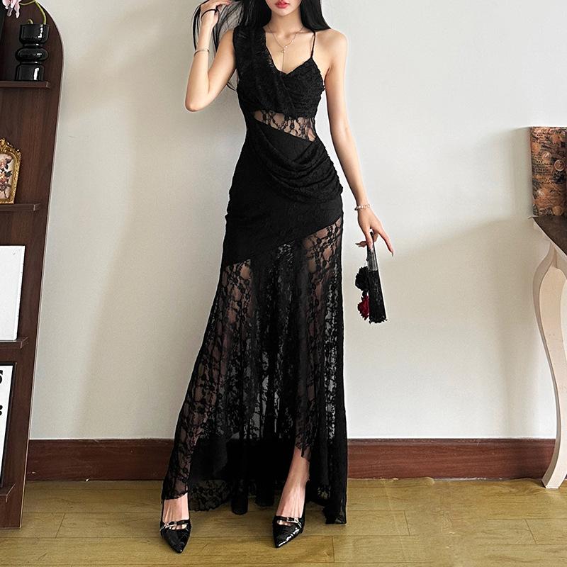 Vestido largo camisola liso con fruncido de encaje irregular 