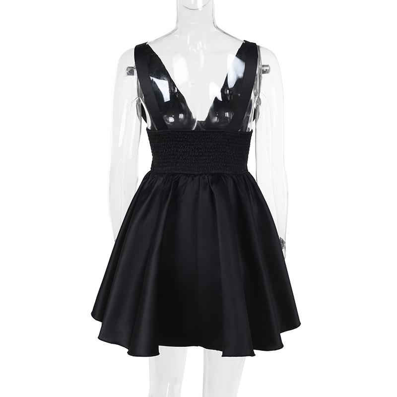 Smocked deep V neck backless cami mini dress