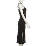 Robe midi irrégulière à col licou et fente en O 