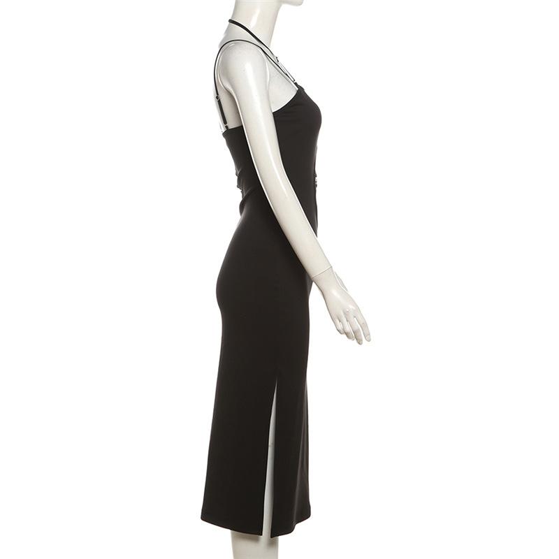 Robe midi irrégulière à col licou et fente en O 