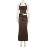 Robe longue unie à col carré et fermeture éclair froncée 