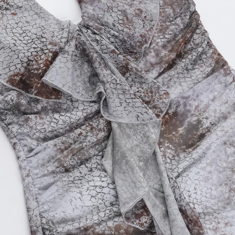 Self tie halter snakeskin print ruffle ruched mini dress