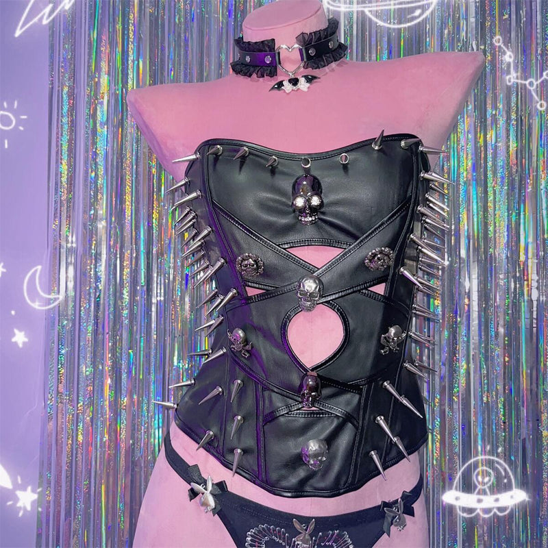 Top de tubo con apliques de calavera de cuero PU ahuecado 