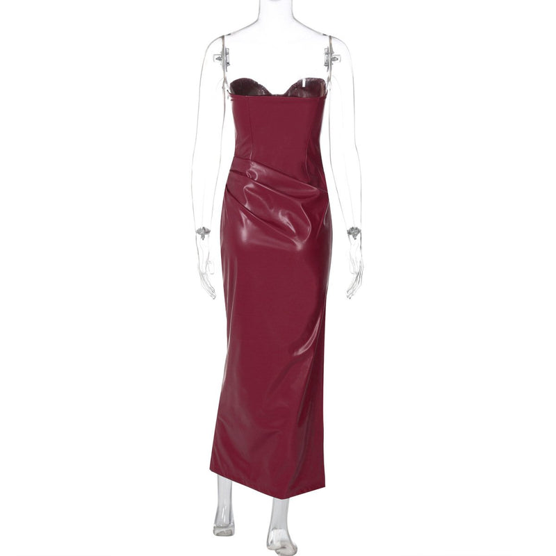 Robe midi tube plissée en cuir PU avec fermeture éclair et fente 