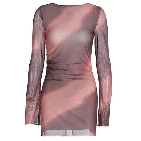 Vestido mini con cuello redondo, manga larga y estampado de malla transparente con lazo 