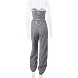 Ruched striped zip-up lace hem medium rise pant