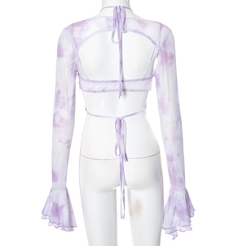 Long flared sleeve halter ruffle hollow out print top