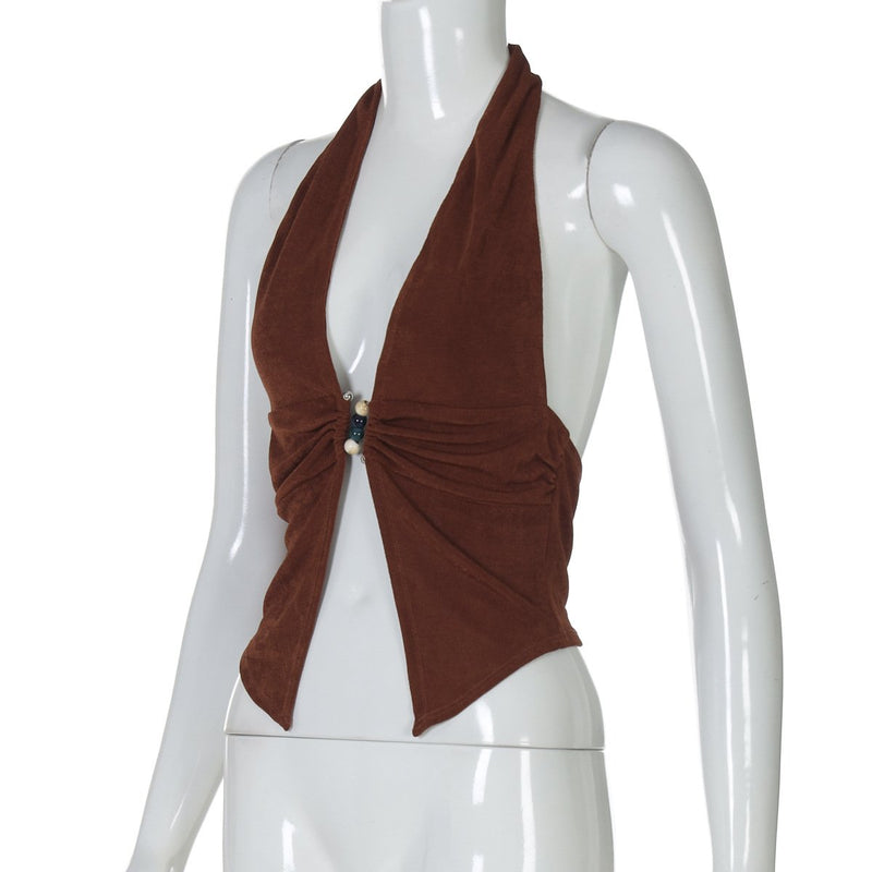 Top con abertura fruncida y cuentas con escote en V profundo y halter 