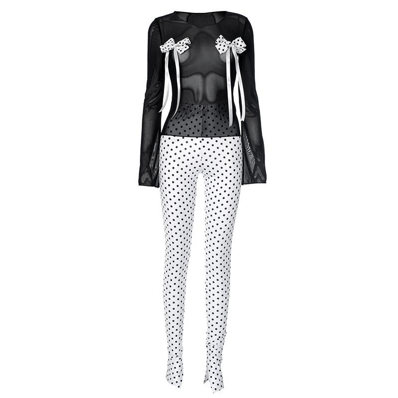 Conjunto de pantalón de cuello redondo de malla con lazo y lunares de manga larga 
