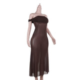 Robe longue transparente en maille froncée à épaules dénudées 