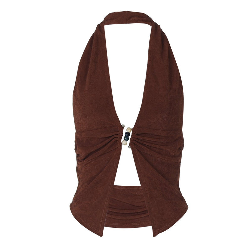 Top con abertura fruncida y cuentas con escote en V profundo y halter 
