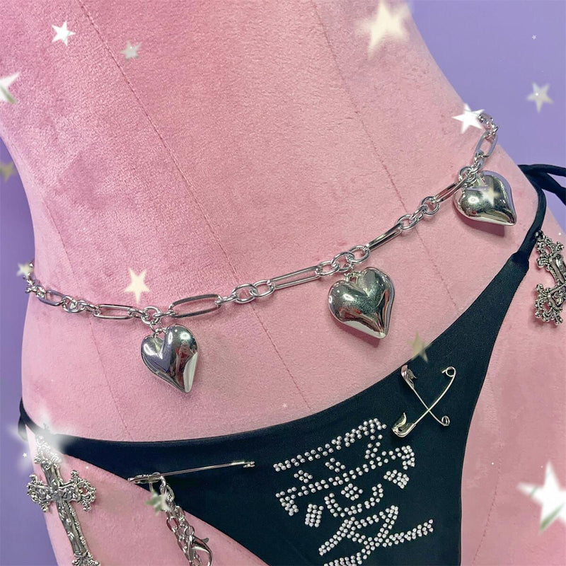 Silver heart decor metal chain waist chain