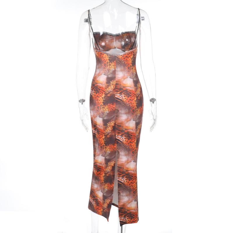Slit leopard print bowknot lace hem cami midi dress