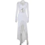 Robe longue en maille à volants et manches longues ajourées 