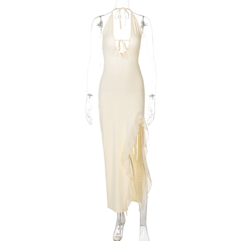Slit halter self tie v neck ruffle solid maxi dress