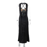 Robe longue camisole à ourlet en dentelle, col en V, fermeture éclair et dos croisé 