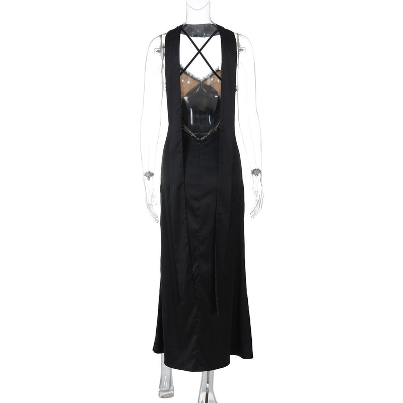 Robe longue camisole à ourlet en dentelle, col en V, fermeture éclair et dos croisé 