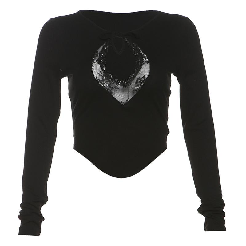 Long sleeve crewneck hollow out lace ribbed top
