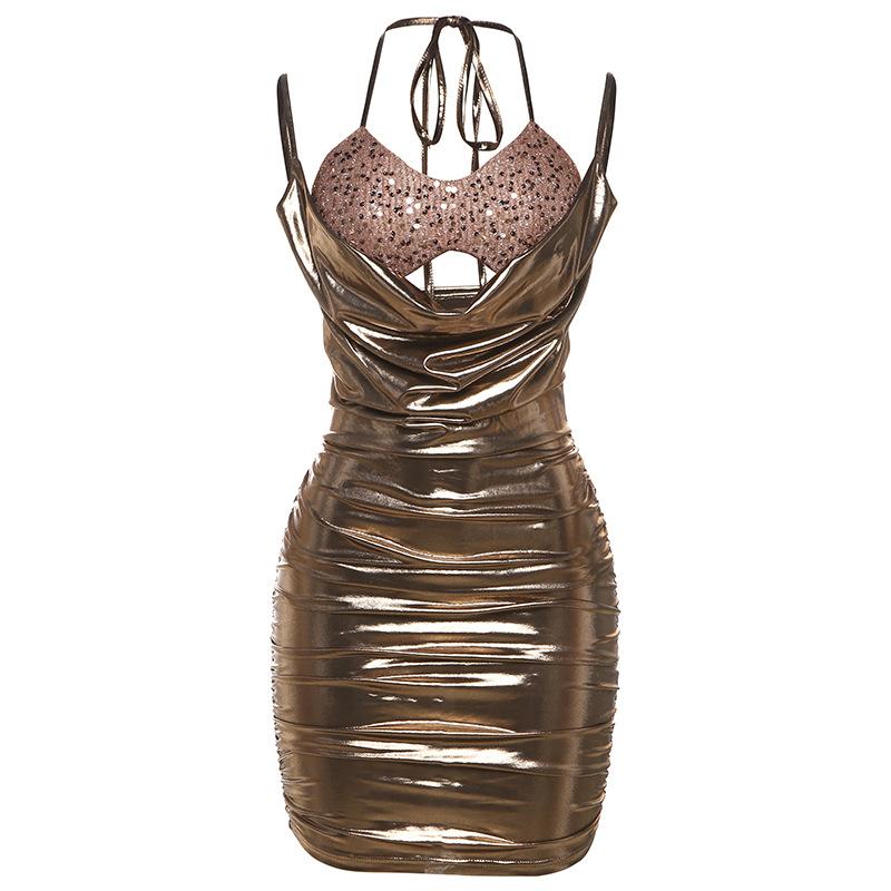 Metallic ruched glitter hollow out halter self tie mini dress