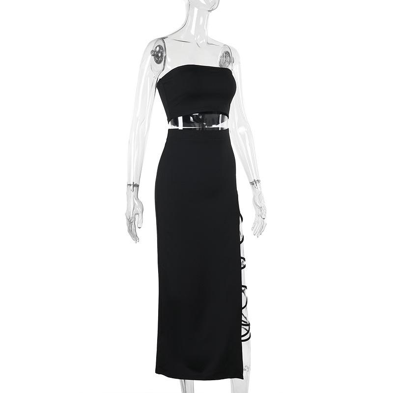 Irregular slit self tie solid tube midi skirt set