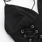 Halter self tie v neck lace up backless solid top