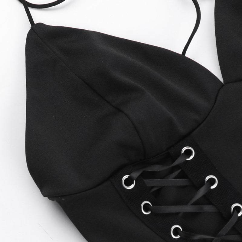 Halter self tie v neck lace up backless solid top