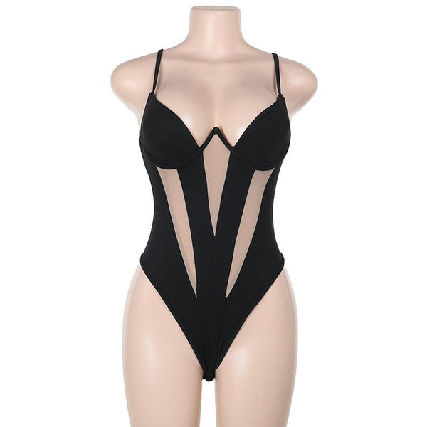 Mesh patchwork backless low cut cami bodysuit