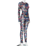 Sheer mesh long sleeve crewneck print jumpsuit
