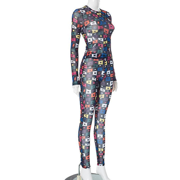 Sheer mesh long sleeve crewneck print jumpsuit