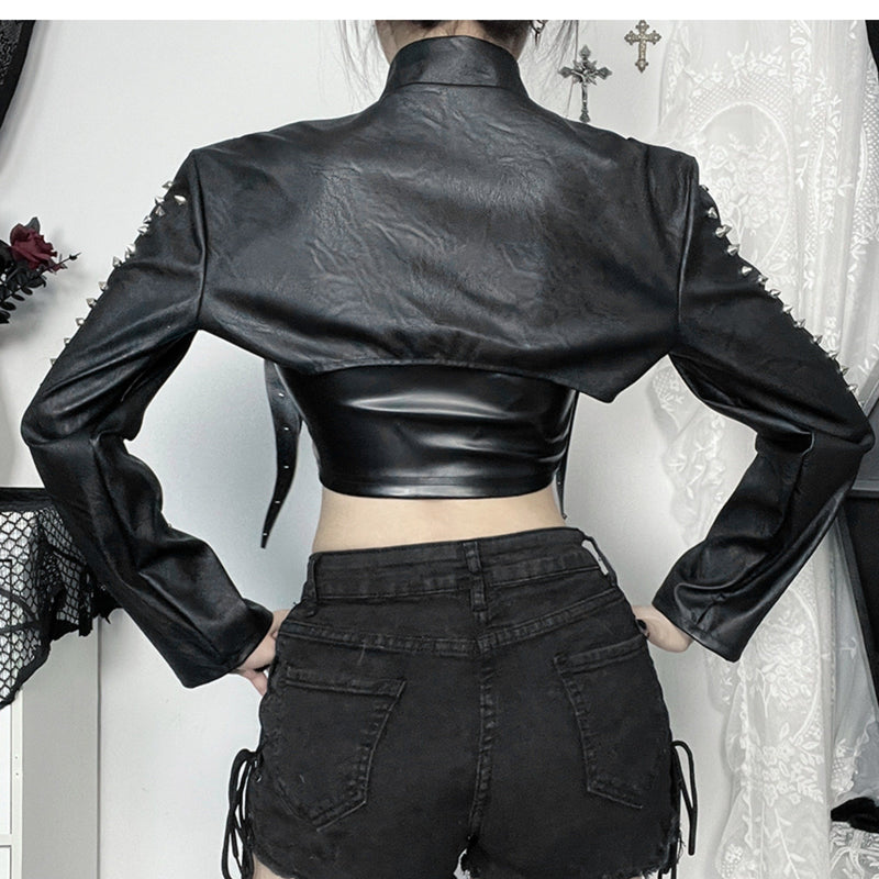 Zip-up long sleeve PU leather rivet applique hollow out top