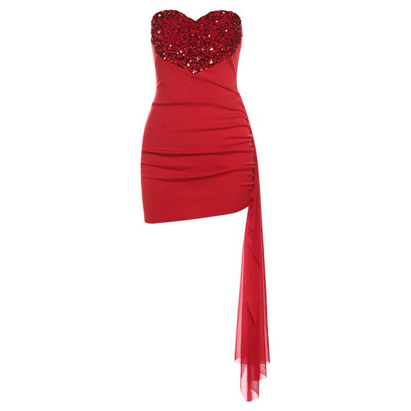 Robe mini tube froncée irrégulière à paillettes et col en cœur 
