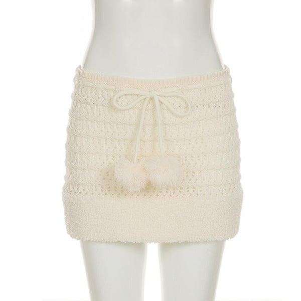 Hollow out drawstring fluffy self tie solid mini skirt