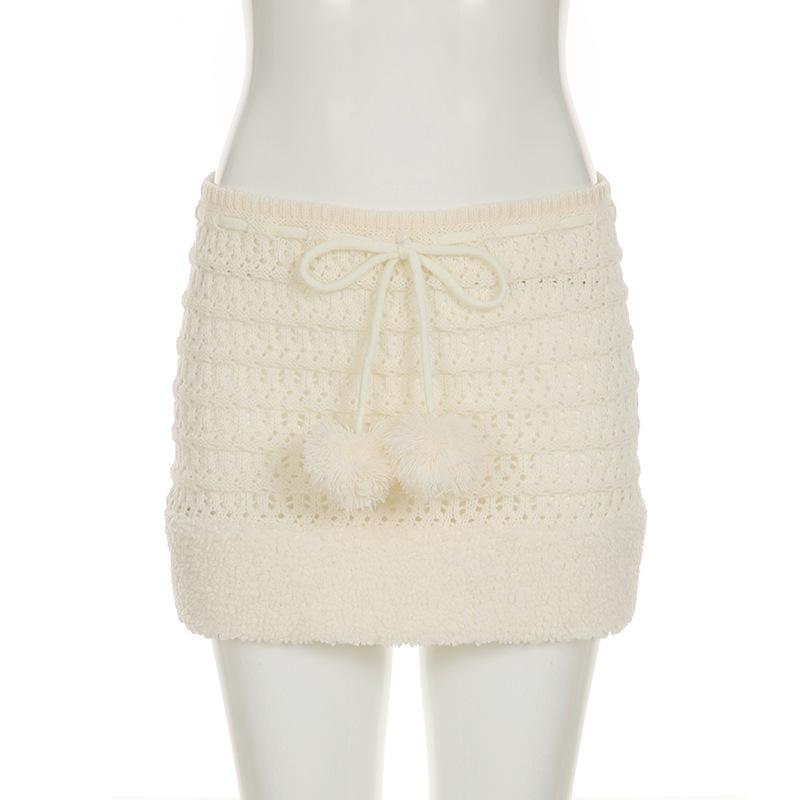 Hollow out drawstring fluffy self tie solid mini skirt