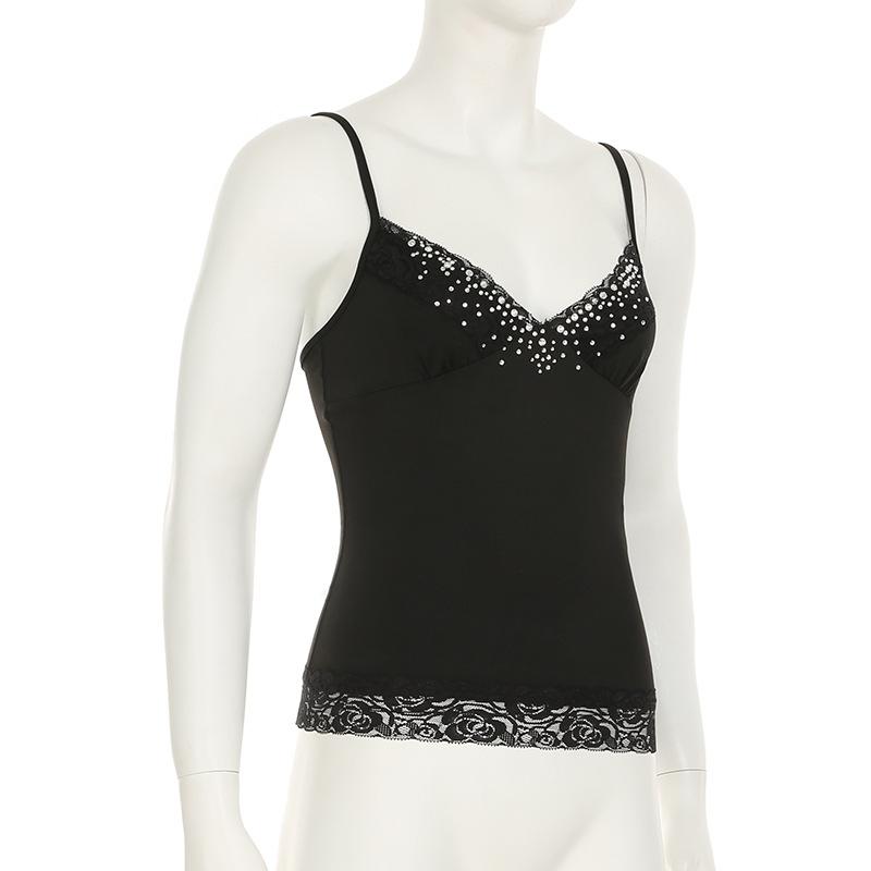 Haut camisole dos nu à col en V et ourlet en dentelle perlée 