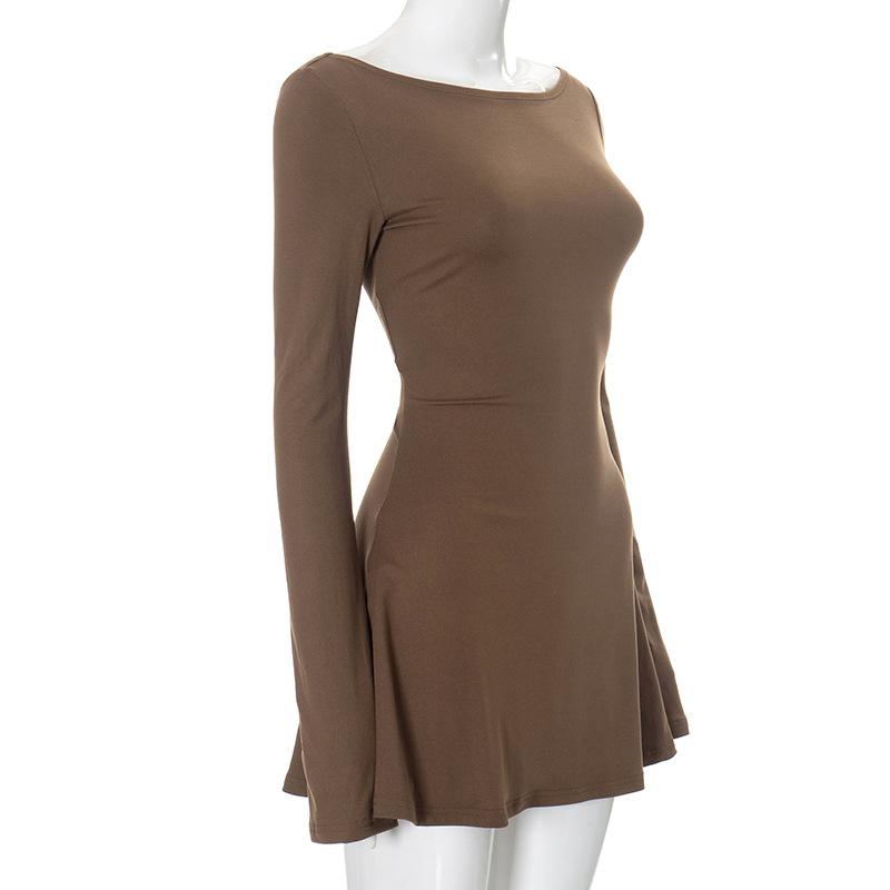 Vestido mini liso de cuello redondo y manga larga 