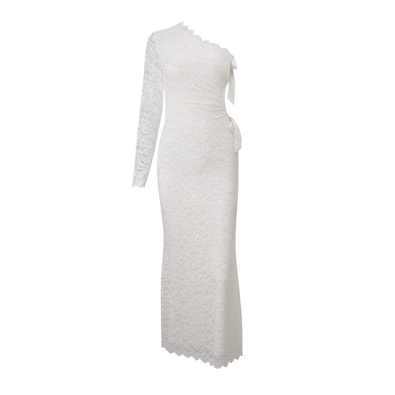 Vestido largo con lazo y dobladillo de encaje de manga larga calada 