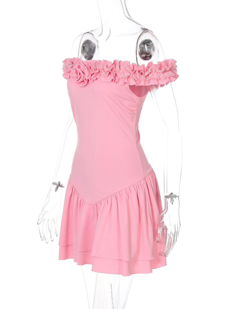 Off shoulder flower applique ruffle ruched mini dress
