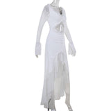 Robe longue en maille à volants et manches longues ajourées 