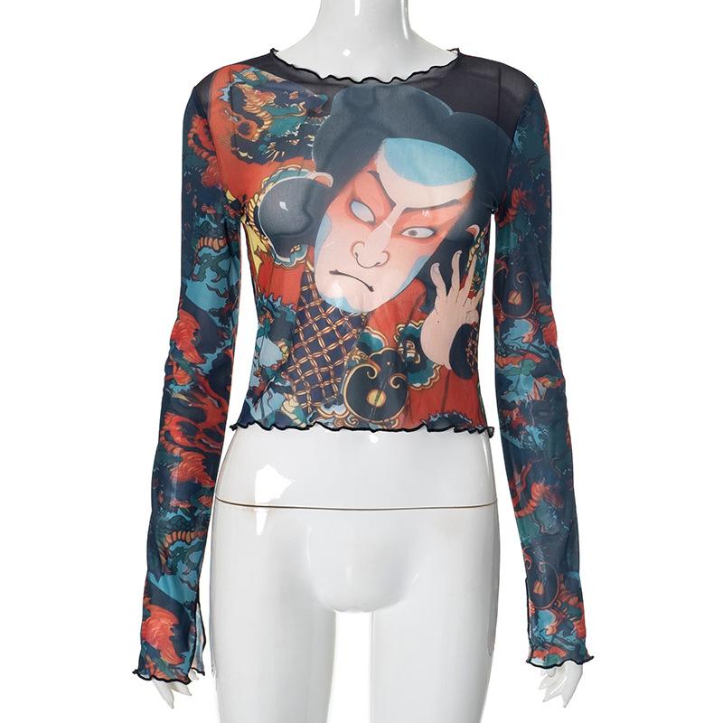 Top de cuello redondo de malla transparente con volantes y estampado de manga larga 
